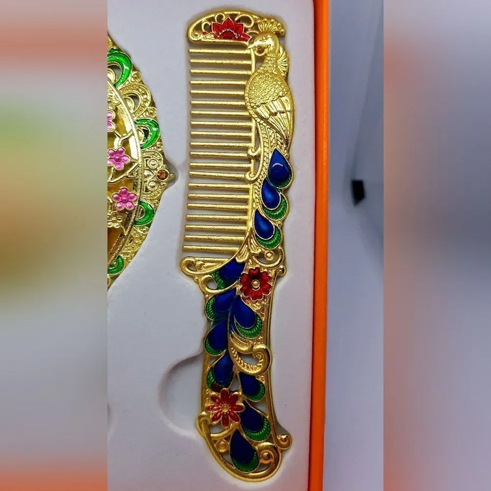 Vintage Peacock Mirror Comb Gift Box Set Yellow Gold Rhinestone Regency Vanity